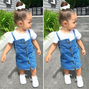 Sweet Toddler Kid Clothes Baby Girl 2Pcs Set Short Sleeve White T-Shirt + Button Overall Denim Bib Skirt Street Wear Outfit