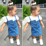 Sweet Toddler Kid Clothes Baby Girl 2Pcs Set Short Sleeve White T-Shirt + Button Overall Denim Bib Skirt Street Wear Outfit