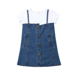 Sweet Toddler Kid Clothes Baby Girl 2Pcs Set Short Sleeve White T-Shirt + Button Overall Denim Bib Skirt Street Wear Outfit