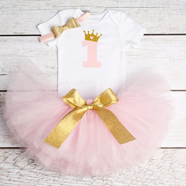 Baby Girls Clothing Sets 1st Happy Birthday Party Wear  Romper Tutu Headband Suit Toddler Kids Clothes Infant Princess Suits 12M